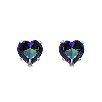 Heart Stud Earrings Simulated Rainbow CZ 925 Sterling Silver (4mm-8mm)